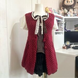 Y2K cottagecore burgundy red wool blend chunky knit sweater vest with buttons